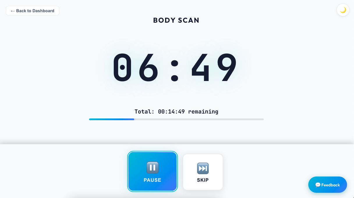 Multi-stage timer interface showing active focus session with countdown display