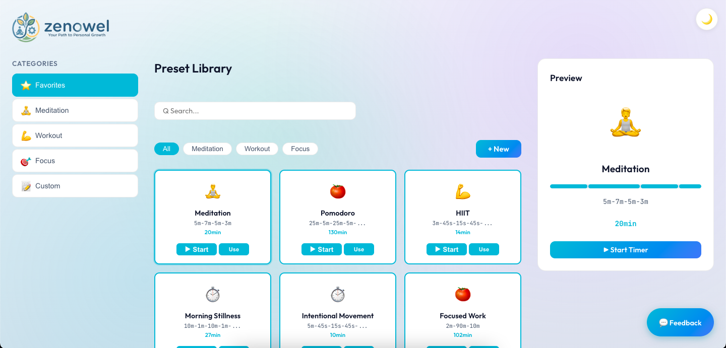 Timer preset library dashboard with meditation, workout, and focus timer options